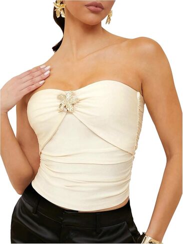 Floerns Women's Rhinestone 3D Floral Sloration Bandeau Ruched Britlless Tube Top in Kuwait