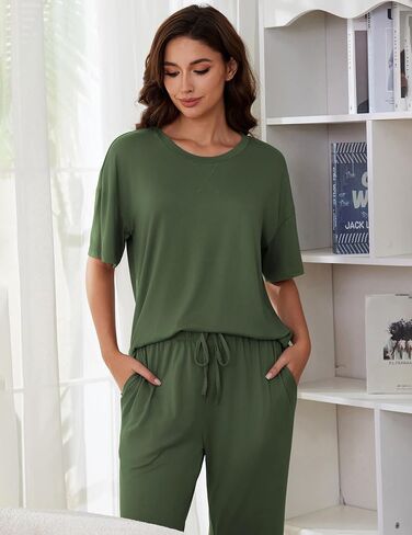 JiniGolla Women's Pajamas Sets Soft Short Sleeve Top and Long Pants 2 Piece Loungwear with Pocket in Saudi Arabia