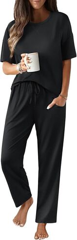 بيجامات جينيغولا للسيدات يضع أعلى الأكمام القصيرة والسروال الطويل 2 قطعة مع الجيب in Kuwait