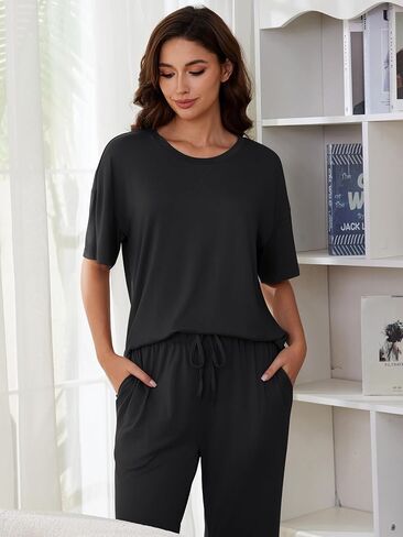 بيجامات جينيغولا للسيدات يضع أعلى الأكمام القصيرة والسروال الطويل 2 قطعة مع الجيب in Kuwait