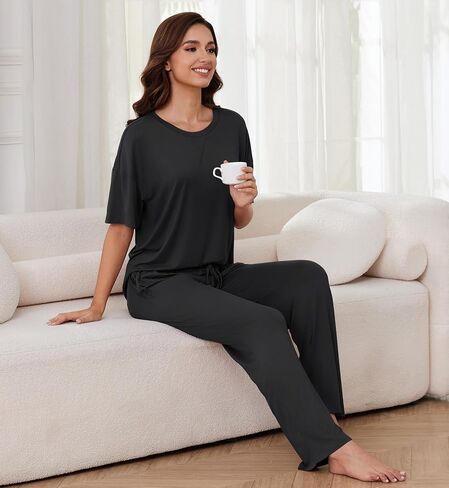 بيجامات جينيغولا للسيدات يضع أعلى الأكمام القصيرة والسروال الطويل 2 قطعة مع الجيب in Kuwait