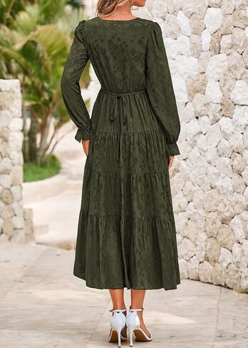 KIRUNDO Womens Fall Long Sleeve Maxi Dress Floral Elegant V Neck A Line Tiered Flowy Wedding Guest Cocktail Party Dress in Kuwait