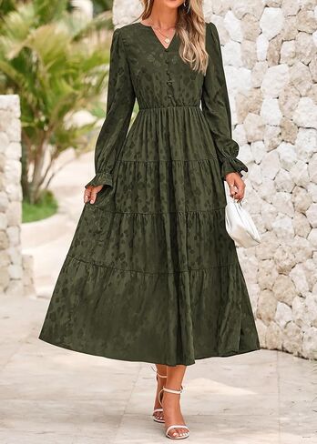 KIRUNDO Womens Fall Long Sleeve Maxi Dress Floral Elegant V Neck A Line Tiered Flowy Wedding Guest Cocktail Party Dress in Kuwait
