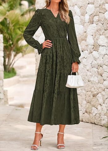 KIRUNDO Womens Fall Long Sleeve Maxi Dress Floral Elegant V Neck A Line Tiered Flowy Wedding Guest Cocktail Party Dress in Kuwait