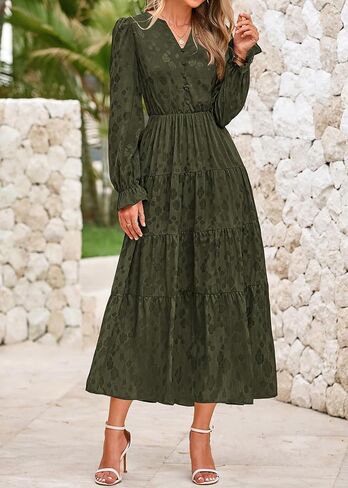 KIRUNDO Womens Fall Long Sleeve Maxi Dress Floral Elegant V Neck A Line Tiered Flowy Wedding Guest Cocktail Party Dress in Kuwait