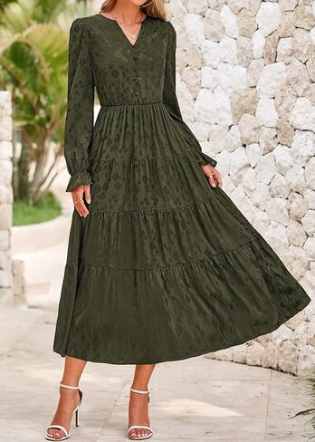 KIRUNDO Womens Fall Long Sleeve Maxi Dress Floral Elegant V Neck A Line Tiered Flowy Wedding Guest Cocktail Party Dress in Kuwait