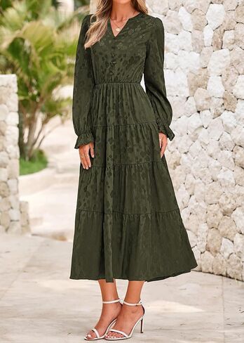 KIRUNDO Womens Fall Long Sleeve Maxi Dress Floral Elegant V Neck A Line Tiered Flowy Wedding Guest Cocktail Party Dress in Kuwait