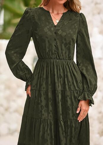 KIRUNDO Womens Fall Long Sleeve Maxi Dress Floral Elegant V Neck A Line Tiered Flowy Wedding Guest Cocktail Party Dress in Kuwait