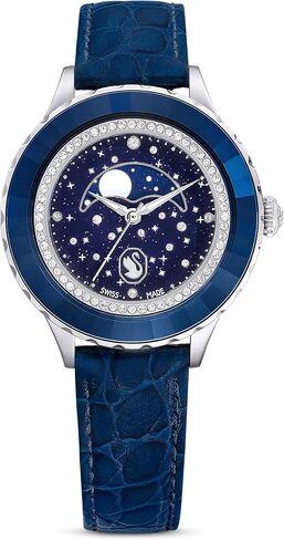 Swarovski Octea Moon Watch, Swiss Made, Moon, Leather Strap, Blue, Stainless Steel in Saudi Arabia