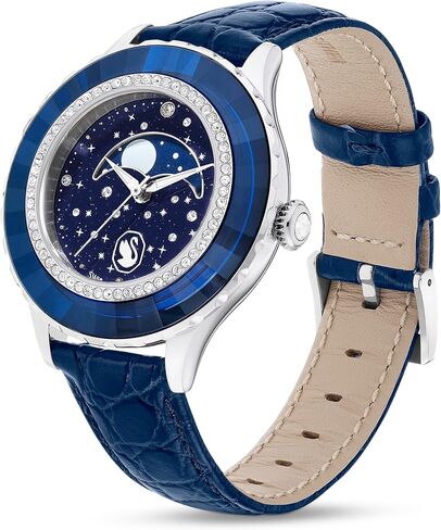 Swarovski Octea Moon Watch, Swiss Made, Moon, Leather Strap, Blue, Stainless Steel in Saudi Arabia