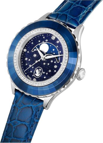 Swarovski Octea Moon Watch, Swiss Made, Moon, Leather Strap, Blue, Stainless Steel in Saudi Arabia