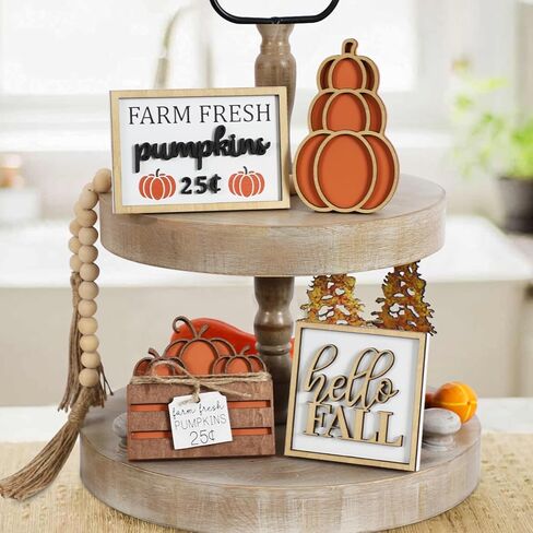 DAZONGE Fall Decor, 5PCS Fall Decorations for Home, Hello Sign, Stacked Pumpkin, Farm Fresh, Pumpkin Crate, Bead Garland, Rustic Tiered Tray Decor in Saudi Arabia
