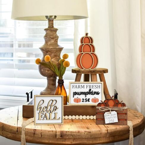 DAZONGE Fall Decor, 5PCS Fall Decorations for Home, Hello Sign, Stacked Pumpkin, Farm Fresh, Pumpkin Crate, Bead Garland, Rustic Tiered Tray Decor in Saudi Arabia