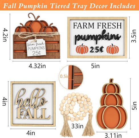 DAZONGE Fall Decor, 5PCS Fall Decorations for Home, Hello Sign, Stacked Pumpkin, Farm Fresh, Pumpkin Crate, Bead Garland, Rustic Tiered Tray Decor in Saudi Arabia