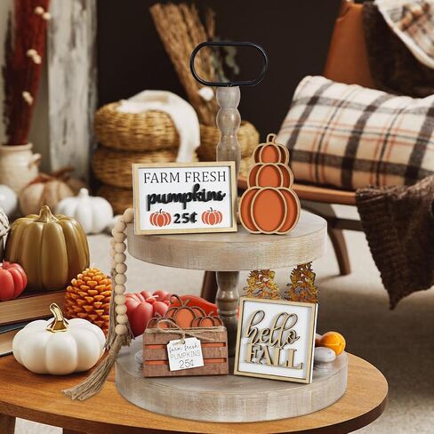 DAZONGE Fall Decor, 5PCS Fall Decorations for Home, Hello Sign, Stacked Pumpkin, Farm Fresh, Pumpkin Crate, Bead Garland, Rustic Tiered Tray Decor in Saudi Arabia