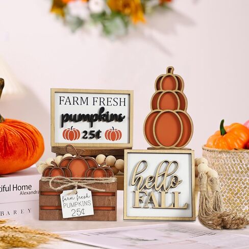 DAZONGE Fall Decor, 5PCS Fall Decorations for Home, Hello Sign, Stacked Pumpkin, Farm Fresh, Pumpkin Crate, Bead Garland, Rustic Tiered Tray Decor in Saudi Arabia