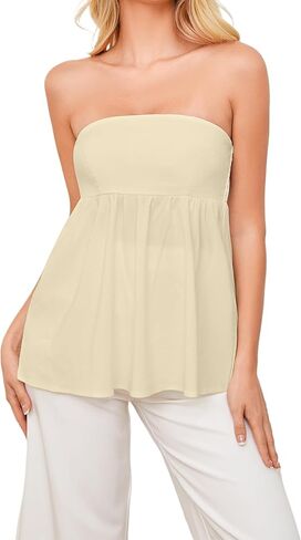 Womens Ruffle Peplum Tube Top Smocked Backless Long Tube Tops Casual Sleeveless Strapless Flowy Tank Top in Kuwait