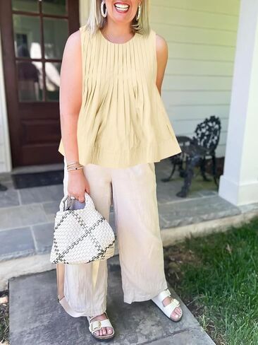 Cicy Bell Womens Pleated Babydoll Tank Tops Summer Peplum Sleeveless Cotton Blouses Loose Fit Flowy Shirts in Saudi Arabia