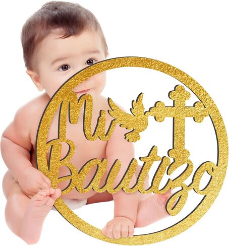 Bucherry Wooden Mi Bautizo Sign Baby Shower Supplies Wood Mi Bautizo Decorations Decorative Hanging Ornaments Wall Pediments for First Communion Party Gender Reveal Backdrop(Gold) in Saudi Arabia