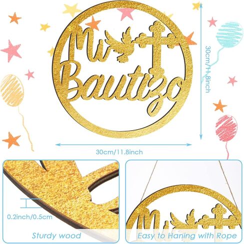 Bucherry Wooden Mi Bautizo Sign Baby Shower Supplies Wood Mi Bautizo Decorations Decorative Hanging Ornaments Wall Pediments for First Communion Party Gender Reveal Backdrop(Gold) in Saudi Arabia