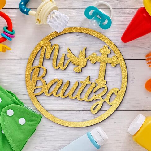 Bucherry Wooden Mi Bautizo Sign Baby Shower Supplies Wood Mi Bautizo Decorations Decorative Hanging Ornaments Wall Pediments for First Communion Party Gender Reveal Backdrop(Gold) in Saudi Arabia