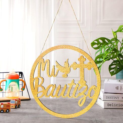 Bucherry Wooden Mi Bautizo Sign Baby Shower Supplies Wood Mi Bautizo Decorations Decorative Hanging Ornaments Wall Pediments for First Communion Party Gender Reveal Backdrop(Gold) in Saudi Arabia