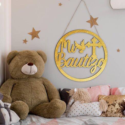 Bucherry Wooden Mi Bautizo Sign Baby Shower Supplies Wood Mi Bautizo Decorations Decorative Hanging Ornaments Wall Pediments for First Communion Party Gender Reveal Backdrop(Gold) in Saudi Arabia