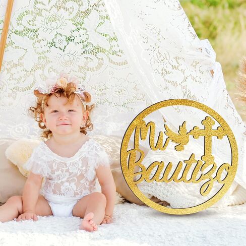 Bucherry Wooden Mi Bautizo Sign Baby Shower Supplies Wood Mi Bautizo Decorations Decorative Hanging Ornaments Wall Pediments for First Communion Party Gender Reveal Backdrop(Gold) in Saudi Arabia