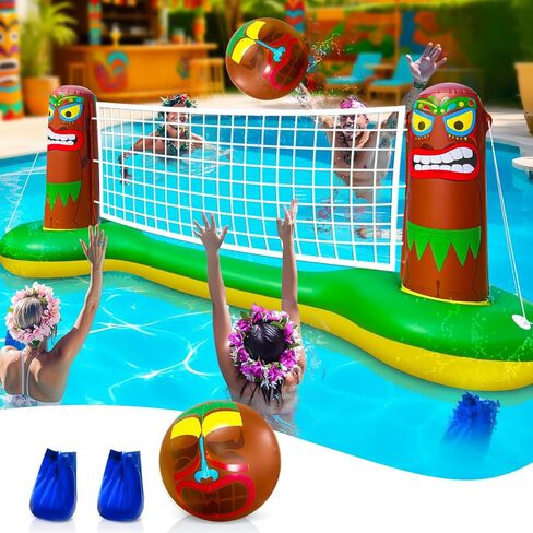 TURNMEON Large Inflatable Luau Tiki Pool Volleyball Net Pool Float Set with 9" Beach Ball, Floating Swimming Water Sports Game Toy for Adults & Kids, Summer Luau Tropical Hawaiian Pool Party Supplies in Kuwait