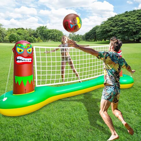 TURNMEON Large Inflatable Luau Tiki Pool Volleyball Net Pool Float Set with 9" Beach Ball, Floating Swimming Water Sports Game Toy for Adults & Kids, Summer Luau Tropical Hawaiian Pool Party Supplies in Kuwait