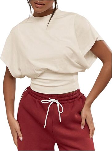 SHENHE Women's Cap Sleeve Dolman T Shirt Crew Neck Cinched Waist Loose Summer Crop Top in Saudi Arabia