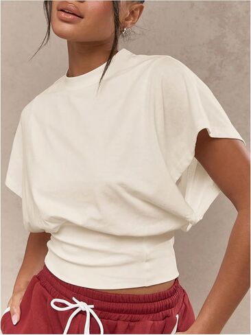 SHENHE Women's Cap Sleeve Dolman T Shirt Crew Neck Cinched Waist Loose Summer Crop Top in Saudi Arabia