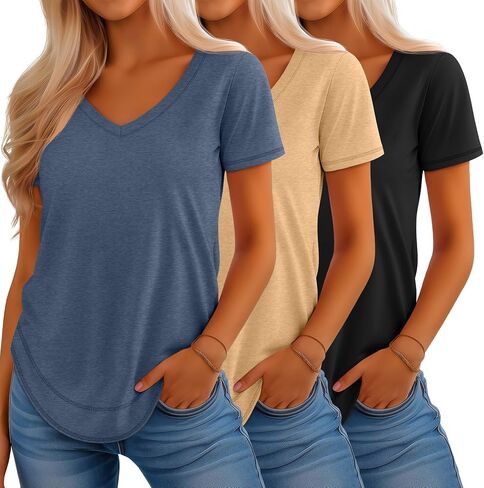 Riyiper 3 Pack Women's V Neck T Shirts Flowy Loose Fit Top Top Summer Summer Tee Tee in Saudi Arabia