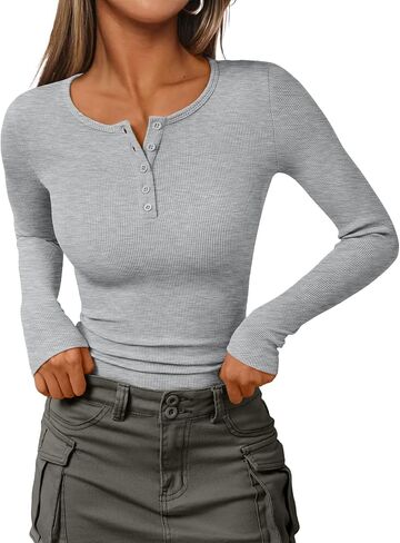 Trendy Queen Womens Long Sleeve Shirts 2025 Henley Casual Fall Outfits Fitted Cotton Tops Ribbed Fashion Cute Basic Tees in Saudi Arabia
