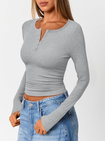 Trendy Queen Womens Long Sleeve Shirts 2025 Henley Casual Fall Outfits Fitted Cotton Tops Ribbed Fashion Cute Basic Tees in Saudi Arabia