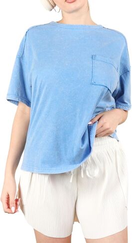 Women's Mineral Washed Oversized Knit Top with Pocket Vintage Crewneck Drop Shoulder T-Shirt 90's Casuasl in Saudi Arabia