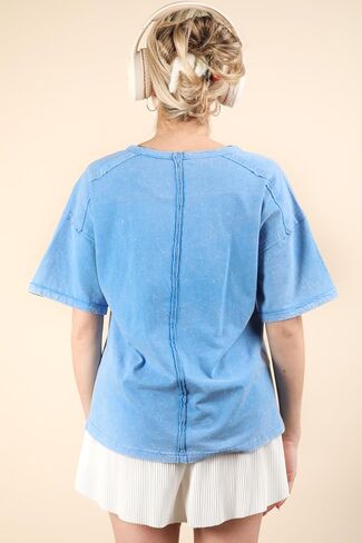 Women's Mineral Washed Oversized Knit Top with Pocket Vintage Crewneck Drop Shoulder T-Shirt 90's Casuasl in Saudi Arabia