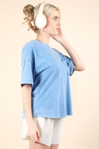 Women's Mineral Washed Oversized Knit Top with Pocket Vintage Crewneck Drop Shoulder T-Shirt 90's Casuasl in Saudi Arabia