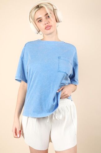 Women's Mineral Washed Oversized Knit Top with Pocket Vintage Crewneck Drop Shoulder T-Shirt 90's Casuasl in Saudi Arabia