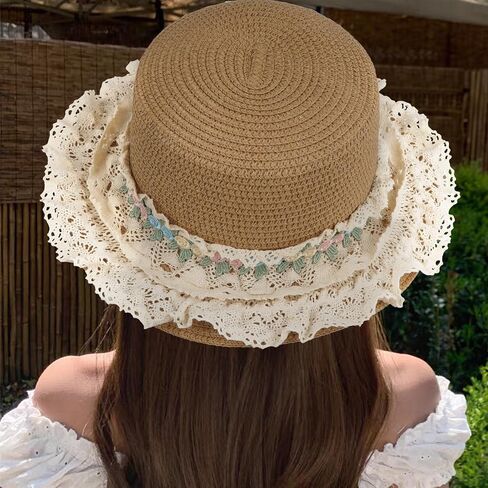 Minache Women Flower Lace Straw Sun Hats Wide Brim Summer Beach Bucket Hats Sun Protective Hat French Lolita Straw Hat in Saudi Arabia