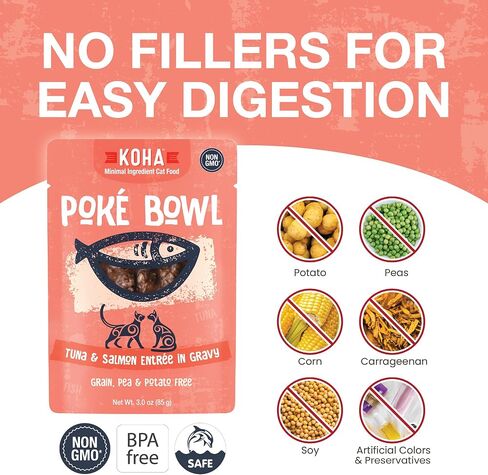 KOHA Poké Bowl Cat Variety Pack, Wet Cat Food in Gravy - 7 Flavors - Tuna Combinations of Salmon, Chicken, Lamb, Duck, Shrimp, and More - 3 oz Pouches, Pack of 12 in Kuwait
