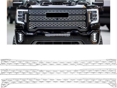 KUAFU Front Grille Inserts Compatible with 2020-2023 GMC Sierra 2500 3500 HD AT4 SLT Mesh Grill Cover Trim Silvery - 3Pcs in Saudi Arabia