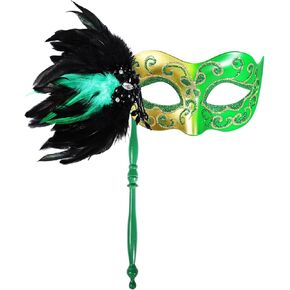 LiuSuper Masquerade Mask for Women with Stick - Shiny Women's Feather Mardi Gras Venetian Mask for Costume Accessory in Kuwait