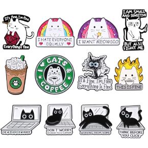 12PC Cat Pins Enamel Brooch Pin Black Orange Cats Bulk for Women Adult Cats Lady Veterinarian Jacket Bagpack Lapel Push Animal Coffee This is Fine Button Badge Cute Fun Funny Cartoon Novelty Gift in Saudi Arabia