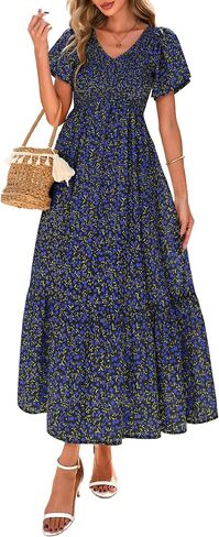 PRETTYGARDEN Boho Dresses for Women 2025 Summer Floral Short Sleeve V Neck Smocked Flowy Beach Vacation Maxi Dress in Saudi Arabia