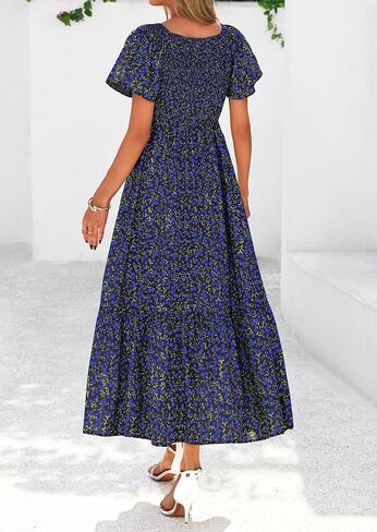 PRETTYGARDEN Boho Dresses for Women 2025 Summer Floral Short Sleeve V Neck Smocked Flowy Beach Vacation Maxi Dress in Saudi Arabia