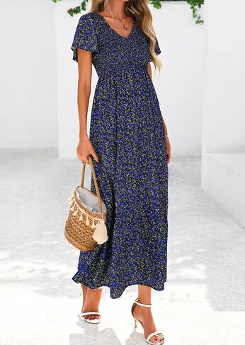 PRETTYGARDEN Boho Dresses for Women 2025 Summer Floral Short Sleeve V Neck Smocked Flowy Beach Vacation Maxi Dress in Saudi Arabia