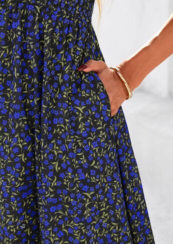 PRETTYGARDEN Boho Dresses for Women 2025 Summer Floral Short Sleeve V Neck Smocked Flowy Beach Vacation Maxi Dress in Saudi Arabia