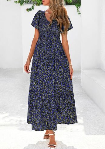 PRETTYGARDEN Boho Dresses for Women 2025 Summer Floral Short Sleeve V Neck Smocked Flowy Beach Vacation Maxi Dress in Saudi Arabia