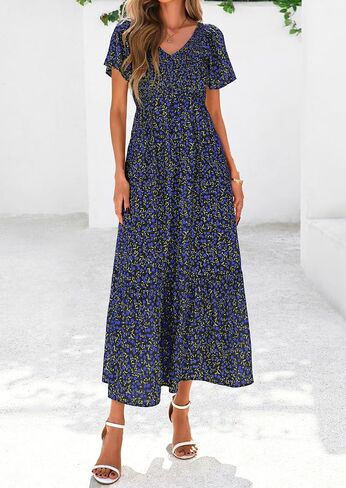 PRETTYGARDEN Boho Dresses for Women 2025 Summer Floral Short Sleeve V Neck Smocked Flowy Beach Vacation Maxi Dress in Saudi Arabia